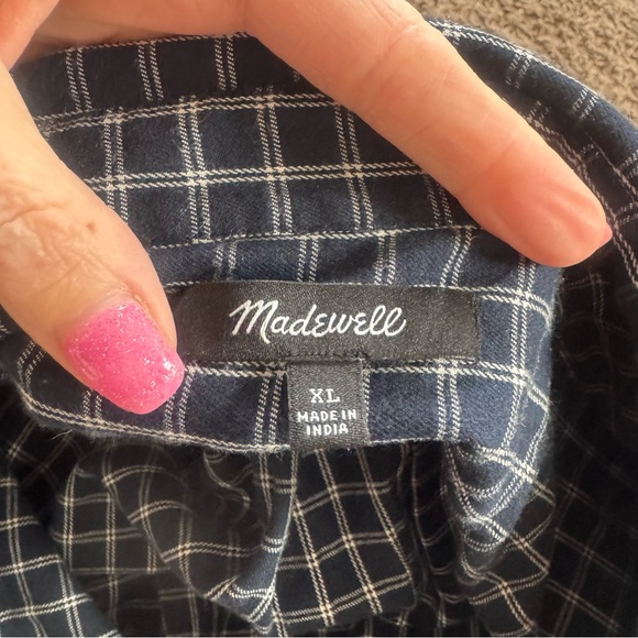 MADEWELL Easy Y-Neck Button-Up Shirt Indigo White Plaid Flannel Cotton XL $88 - Picture 6 of 10